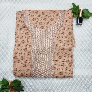 Peach floral cotton unstitched dress material with embellished neckline – Flip Fashion