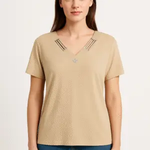Beige V-Neck Short Sleeve Ladies Top with Stylish Strap Detailing