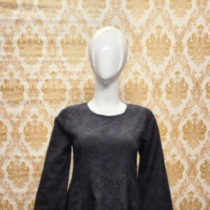 "Black floral textured frock with long puff sleeves and flowy fit – elegant women’s dress"