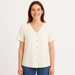 Elegant White V-Neck Buttoned Ladies Top